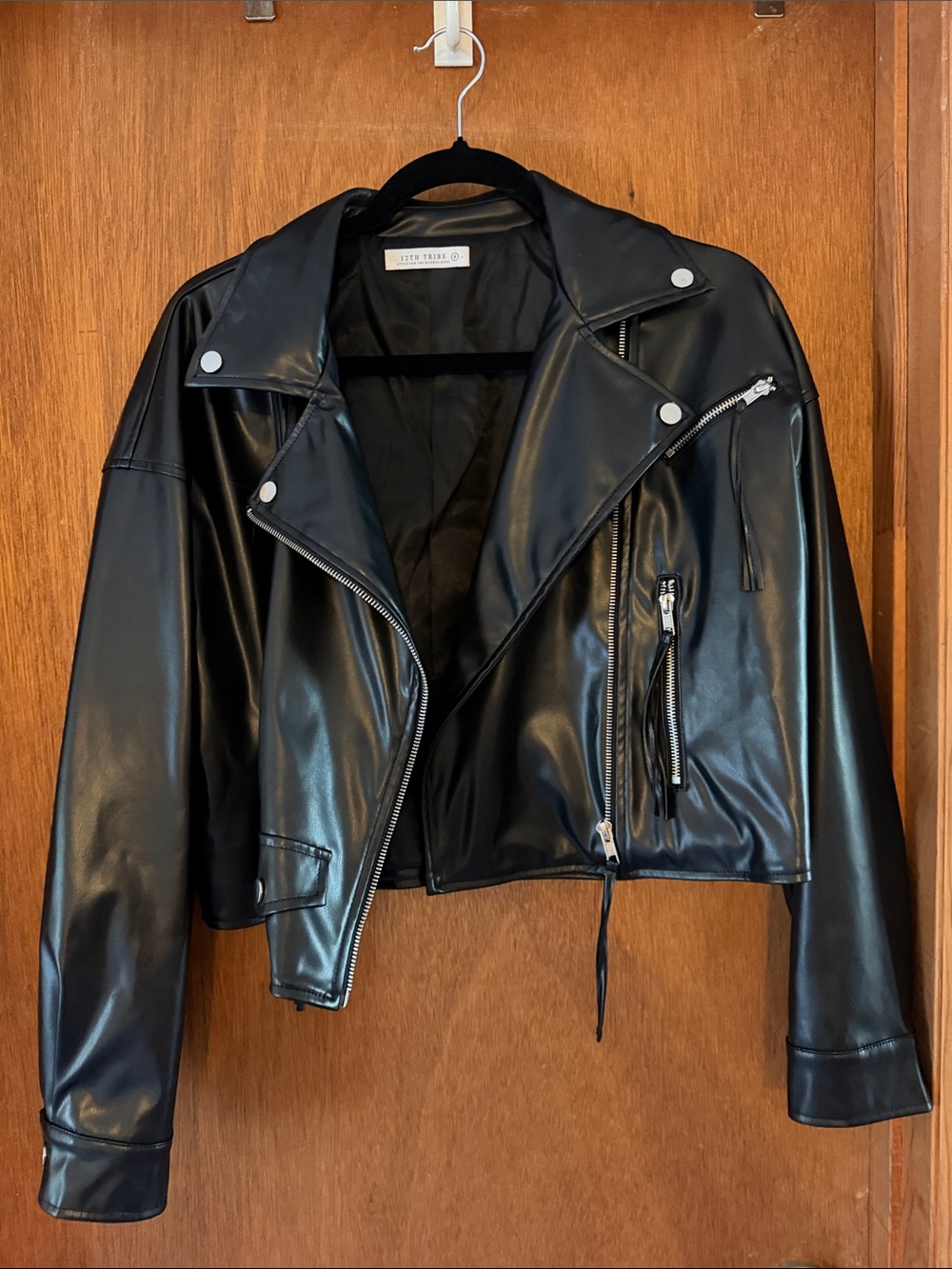 12th Tribe Black Cropped Vegan Leather Moto Jacket